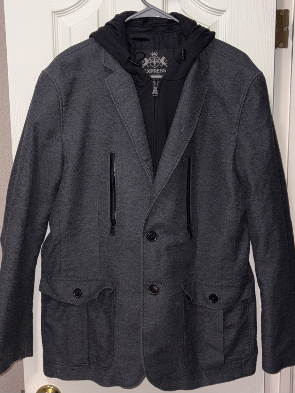 Express Men's Charcoal Gray Pea Coat with Black Hooded Insert